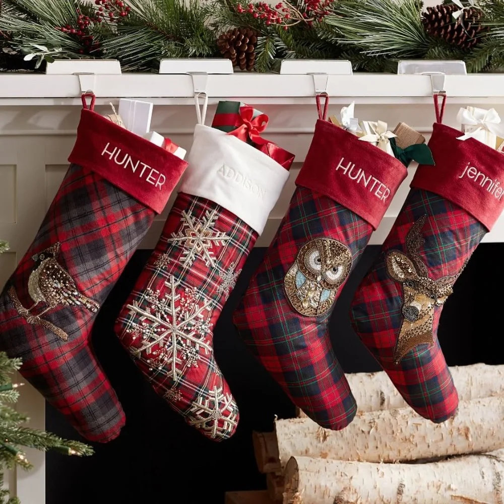 Embellished Jeweled Bird Plaid Christmas Stocking - Pottery Barn - Picture 2 of 6